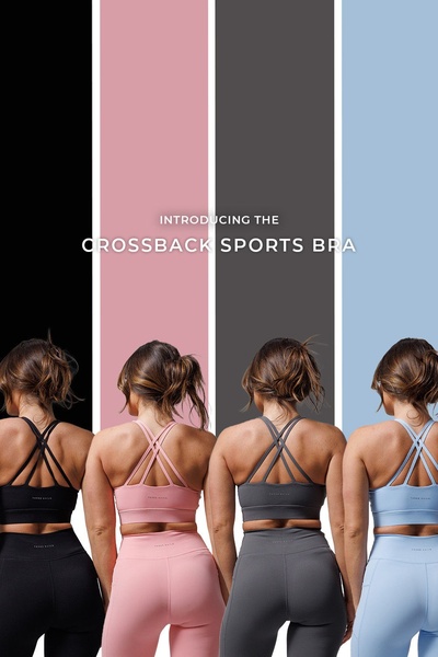 sports bra, workout bra, athletic bra, fitness bra, exercise bra, crossback bra, activewear bra, product launch, modern typography, bold, pink, blue, neutral